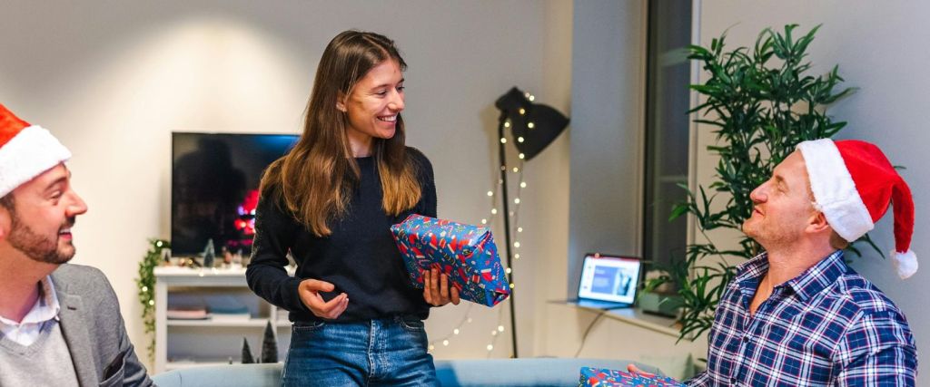 Office worker receiving gift